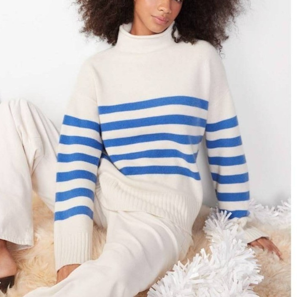 KULE The Lucca Cashmere Wool Sweater XS Cream Blue Stripe Roll Neck Nautical